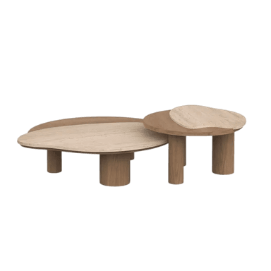 A set of two organically shaped, low-profile coffee tables with unique leg structures. The larger table has a flattened, oval top with a curved edge, and is supported by two cylindrical legs and a single, thicker, column-like leg. The smaller table, nested partially under the larger one, has an irregular, amoeba-like top and is supported by two cylindrical legs. The tops appear to be made of a stone-like material with subtle veining, possibly travertine, while the legs are made of wood with a visible grain. — 3D model