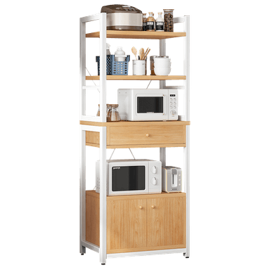 A tall, multi-functional kitchen storage unit featuring a white metal frame, light wood-grain shelves, a central pull-out drawer, and a lower two-door cabinet. It is designed to accommodate various kitchen appliances and provide organized storage. — 3D model