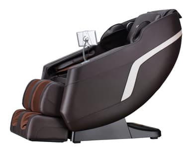 A sophisticated full-body electric massage chair, featuring a contemporary ergonomic design. It is upholstered in dark brown synthetic leather with contrasting lighter brown fabric accents on the inner cushioning and footrest area. The chair includes a robust base, integrated armrests, a built-in foot and leg massager, and a silver-colored control panel mounted on a flexible arm. Speaker grilles are visible near the headrest, indicating integrated audio capabilities. — 3D model