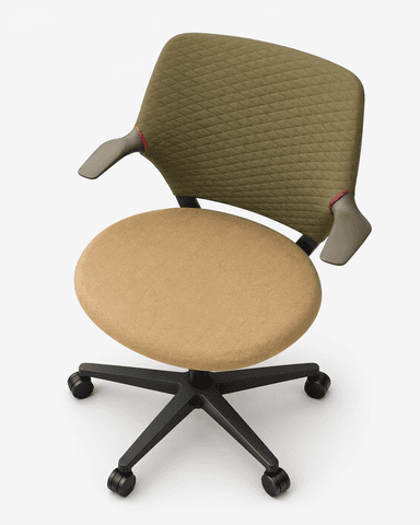 A modern swivel office chair featuring a round, upholstered tan fabric seat and a contoured, quilted olive-green fabric backrest. It includes integrated armrests and rests on a black five-star base with casters for mobility. — 3D model