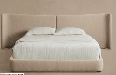 A contemporary upholstered platform bed featuring a distinctive winged headboard. The entire frame, including the headboard and bed base, is covered in a light beige, textured fabric. The headboard has a central seam and gracefully curved, outward-flaring wings on either side, providing a soft, enveloping aesthetic. The bed sits low to the ground on small, discreet feet. — 3D model