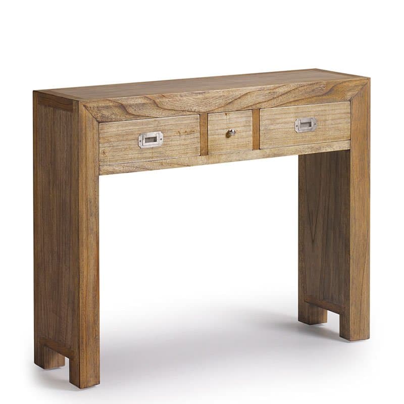 A rustic solid wood console table featuring a rectangular top and two robust rectangular legs that form the base. The front apron houses three drawers: two outer drawers with rectangular metal bin pull handles and a central smaller drawer with a round metal knob. The wood has a distressed or reclaimed finish, showcasing natural grain patterns and a light to medium brown color. — 3D model