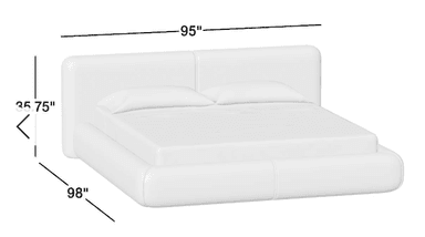 A contemporary upholstered bed frame with a low profile and a two-panel headboard. The frame and headboard are covered in a dark brown, textured fabric. The bed is shown with white bedding. — 3D model
