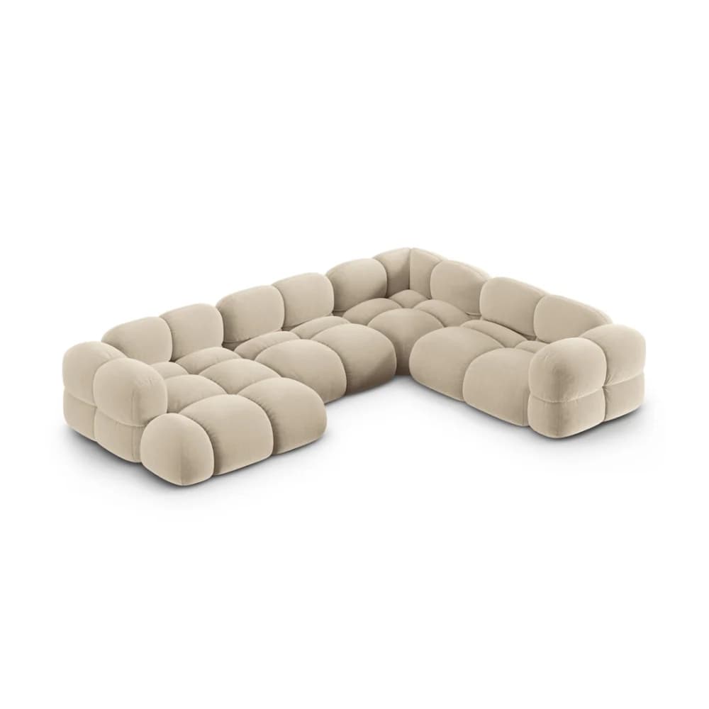 A large, U-shaped modular sectional sofa featuring a distinctive contemporary design composed of rounded, puffy, individual upholstered sections in a light beige or cream color. The sofa's low-profile construction and soft, cushioned appearance suggest a focus on comfort and a relaxed aesthetic. — 3D model