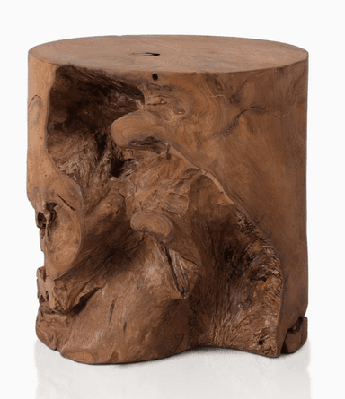 A cylindrical stool crafted from a single piece of natural wood, possibly a tree stump. The surface features organic, undulating textures and natural voids, showcasing the wood's grain and knots. The top surface is flat and finished, while the sides retain a rough, sculpted appearance. Its design emphasizes the raw beauty of the wood. — 3D model