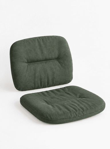 A two-piece upholstered cushion set, comprising a distinct seat cushion and a separate backrest cushion, both covered in a dark green woven fabric with stitched details. — 3D model