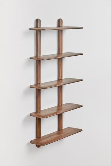 A minimalist wall-mounted shelving unit featuring five thin, horizontally oriented shelves, supported by two vertical wooden struts. The shelves and supports are crafted from dark, warm-toned wood, likely walnut, and exhibit smoothly rounded edges and ends, contributing to a soft and contemporary aesthetic. The unit is designed to be fixed to a wall, appearing to float with an open-back structure. — 3D model