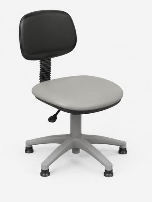 An armless task chair featuring a rounded, padded grey upholstered seat and a separate, contoured black padded backrest. The backrest is height-adjustable via a corrugated plastic shaft. The chair is supported by a five-star base made of grey plastic or nylon, fitted with fixed glides rather than casters, designed for stationary use. A black lever is visible beneath the seat, likely for height adjustment. — 3D model