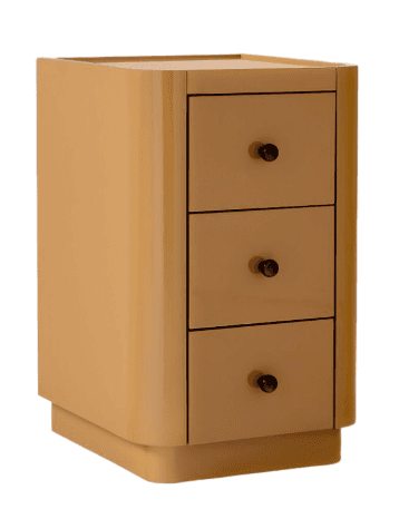 A small, tall, three-drawer nightstand with a glossy beige finish and rounded vertical edges, standing on a recessed plinth base. — 3D model