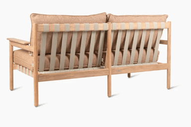 A modern outdoor sofa with a wooden frame and fabric upholstery. The backrest features a woven strap design, providing support and aesthetic appeal. The sofa appears to be designed for two to three occupants. — 3D model