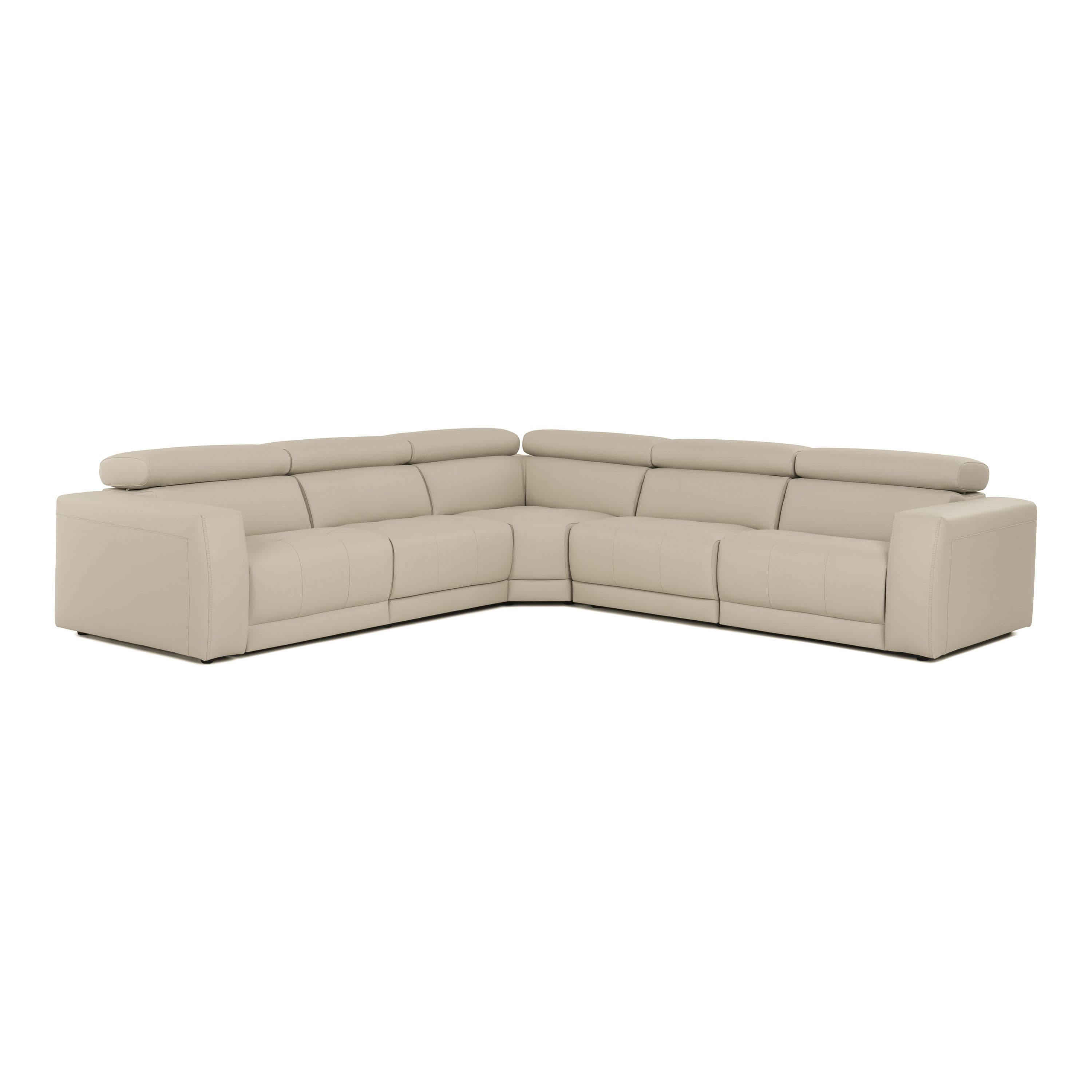 A large, L-shaped sectional sofa featuring a modern design, upholstered in a light beige or cream leather-like material. It consists of multiple modular sections, each equipped with an individually adjustable headrest for personalized comfort. The sofa has clean lines, subtly defined seam details, and a low-profile base, contributing to its contemporary aesthetic. — 3D model