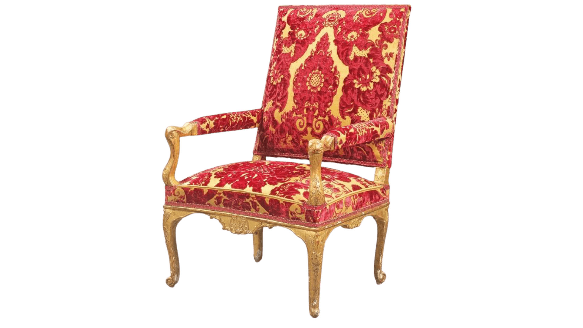 An ornate armchair with a high, straight back and upholstered seat and backrest. The frame is gilded and features carved detailing. The upholstery is a rich red velvet with a gold brocade pattern. — 3D model