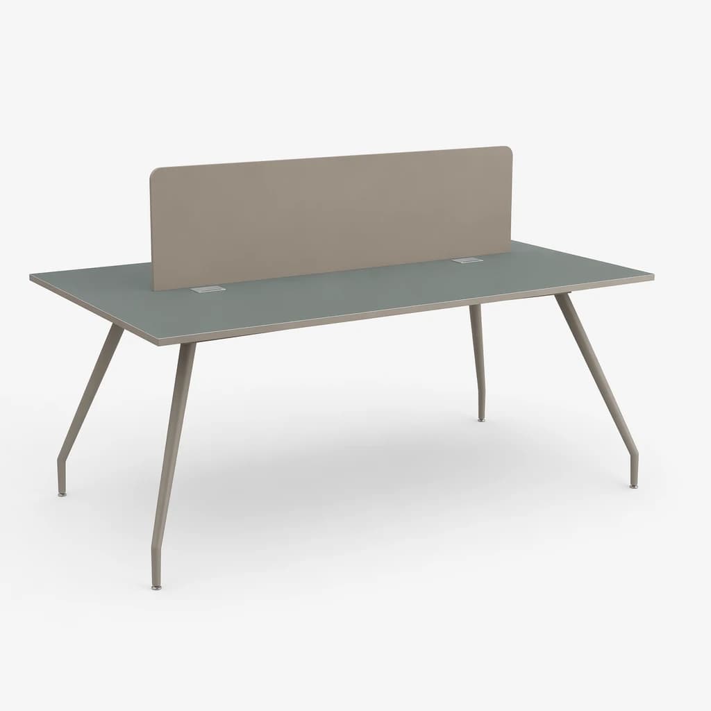 A modern office desk designed for collaborative workspaces, featuring a flat rectangular surface with a partition divider. The desk has a slim profile with four angled metal legs that splay outwards for stability. The surface appears to have integrated cable management ports. — 3D model