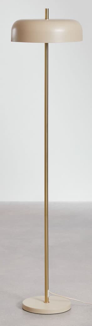 A modern floor lamp featuring a matte beige, mushroom-shaped shade and a matching circular base, connected by a slender brass-finished metal pole. A small brass finial adorns the top of the shade. — 3D model