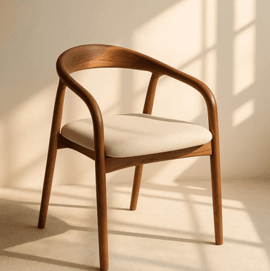 A modern dining armchair featuring a solid wood frame with a continuous, curved backrest and integrated armrests. The seat is upholstered in a light-colored fabric. The chair stands on four slender, tapered wooden legs. — 3D model