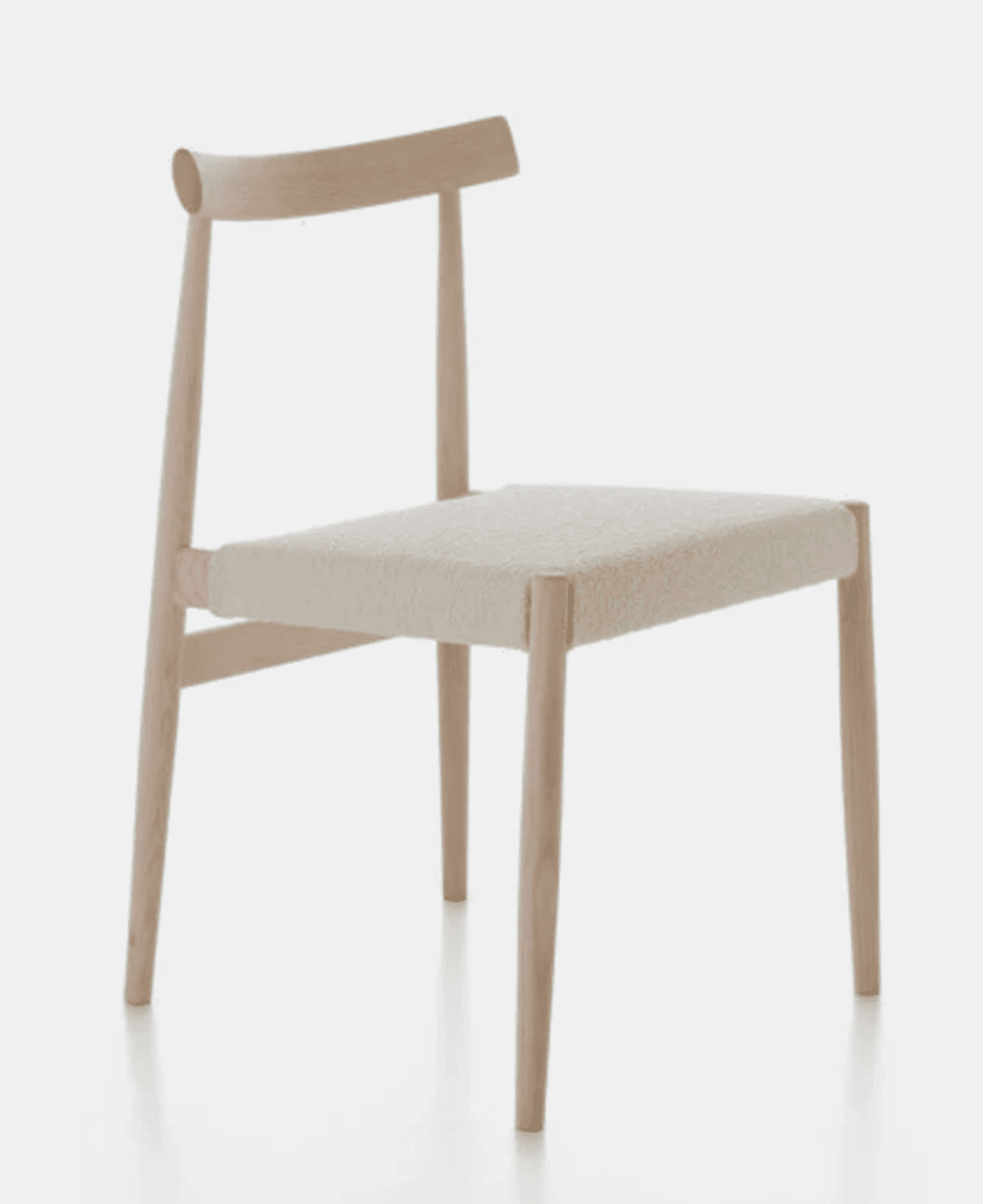 This is a Wishbone Chair, characterized by its distinctive Y-shaped central support and curved backrest. The frame is constructed from light-colored wood, likely oak or ash, with a natural finish that highlights the grain. The seat is upholstered in a textured, off-white fabric, possibly boucle or a similar looped weave, providing a soft and comfortable surface. The chair features elegantly tapered legs and a lightweight, minimalist silhouette, embodying Scandinavian design principles. — 3D model
