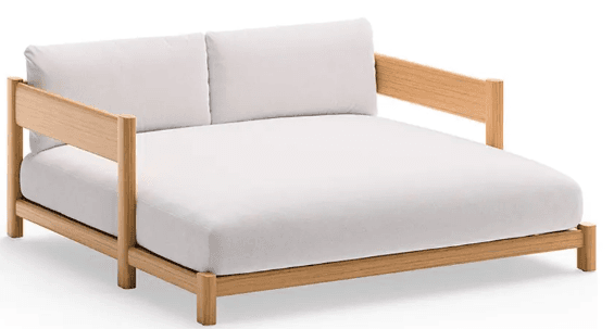 A modern, minimalist daybed featuring a sturdy light-colored wooden frame and plush white cushions. It has a backrest and armrests on three sides, with one long side left open, providing a versatile and spacious lounging area. — 3D model