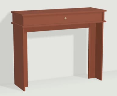 A minimalist console table rendered in a reddish-brown hue. It features a narrow rectangular top surface, a single drawer with a small brass-colored knob, and two broad, flat-panel legs forming a U-shaped base. The design is clean and understated, emphasizing functionality and simplicity. The top surface overhangs the drawer unit slightly, and the drawer unit itself sits above the main leg structure, creating a subtle tiered appearance. The material appears to be solid wood or a wood composite with a matte finish. — 3D model