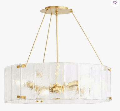 A close-up view of a modern chandelier featuring a circular arrangement of multiple exposed bulbs within a distinctive textured glass shade. The frame and bulb sockets are made of polished brass. The translucent glass shade has an irregular, possibly octagonal or faceted shape, and appears to be made of 'seedy' or artisanal glass, secured by visible brass fasteners around its upper edge. — 3D model
