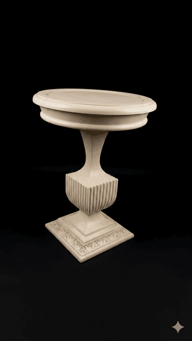 A small, round pedestal table with a light, creamy finish, featuring a fluted central column and a decorative carved square base. — 3D model