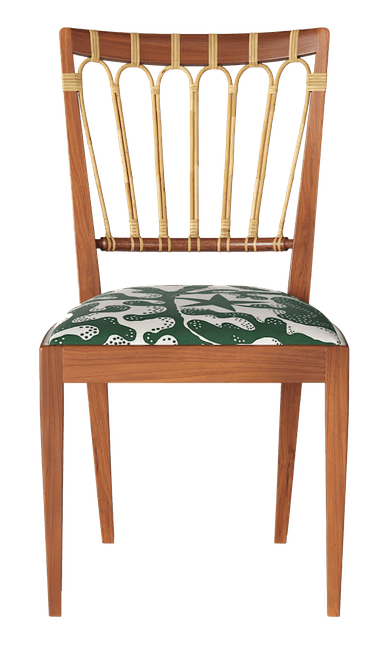 A wooden dining chair with a slatted back and an upholstered seat. The frame is constructed from wood, appearing to be walnut. The backrest features vertical wooden slats accented with a decorative brass or gold-colored metal element at the top and base. The seat is upholstered in fabric with a green background and a white abstract pattern resembling clouds or organic shapes. The legs are tapered and angled. — 3D model