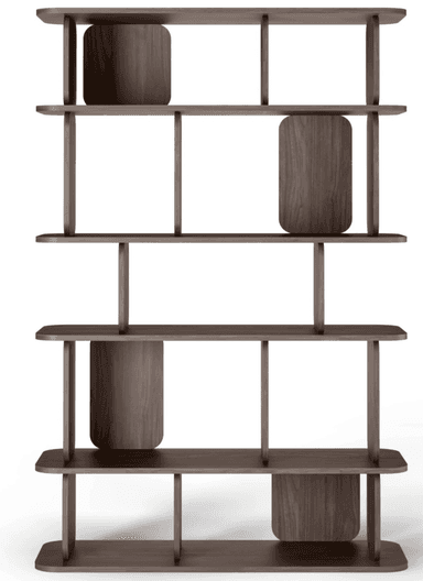 A modern, modular bookshelf constructed from dark-stained wood. It features multiple open shelves supported by vertical dividers, all characterized by soft, rounded edges. Some sections incorporate curved back panels that act as partial enclosures or stylistic dividers, creating varied display compartments within the grid-like structure. The design is sleek and contemporary. — 3D model