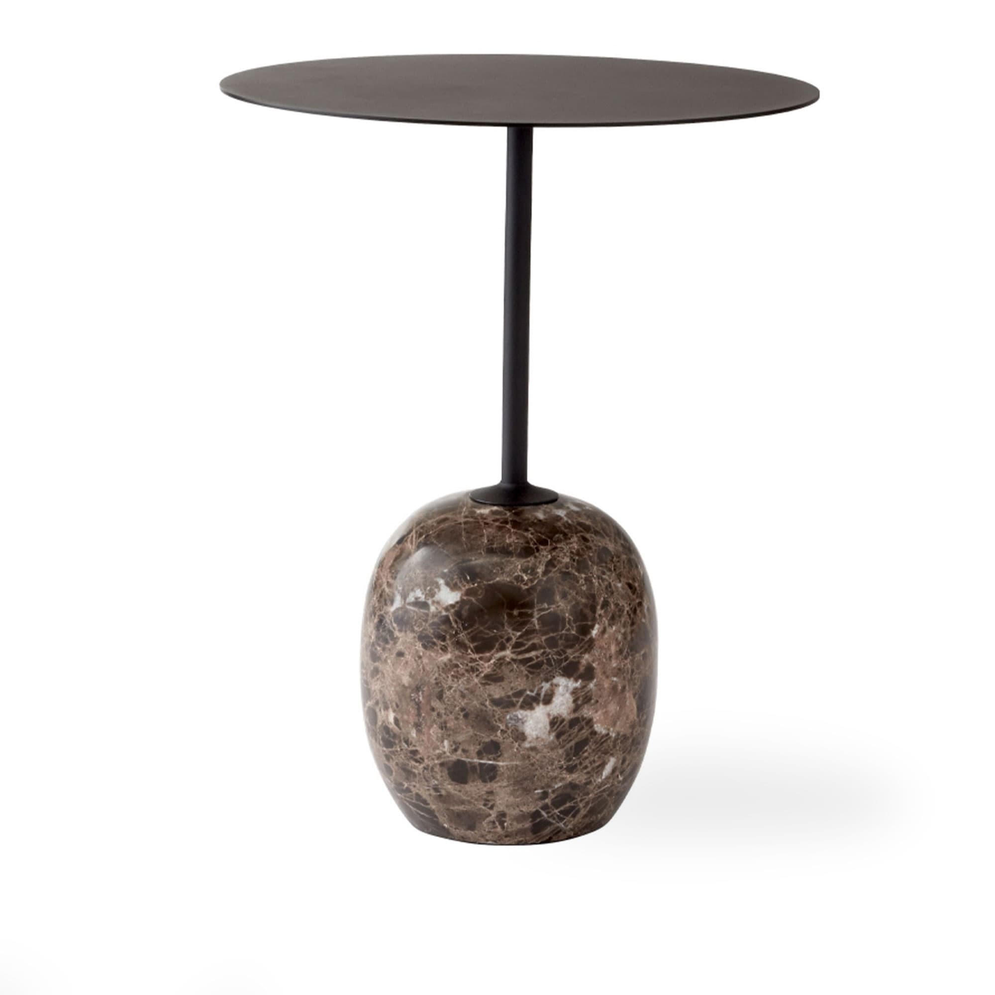 A contemporary side table featuring a round, dark-colored tabletop, a slim, cylindrical black metal stem, and a prominent, ovular base crafted from dark brown marble with distinctive white veining. — 3D model