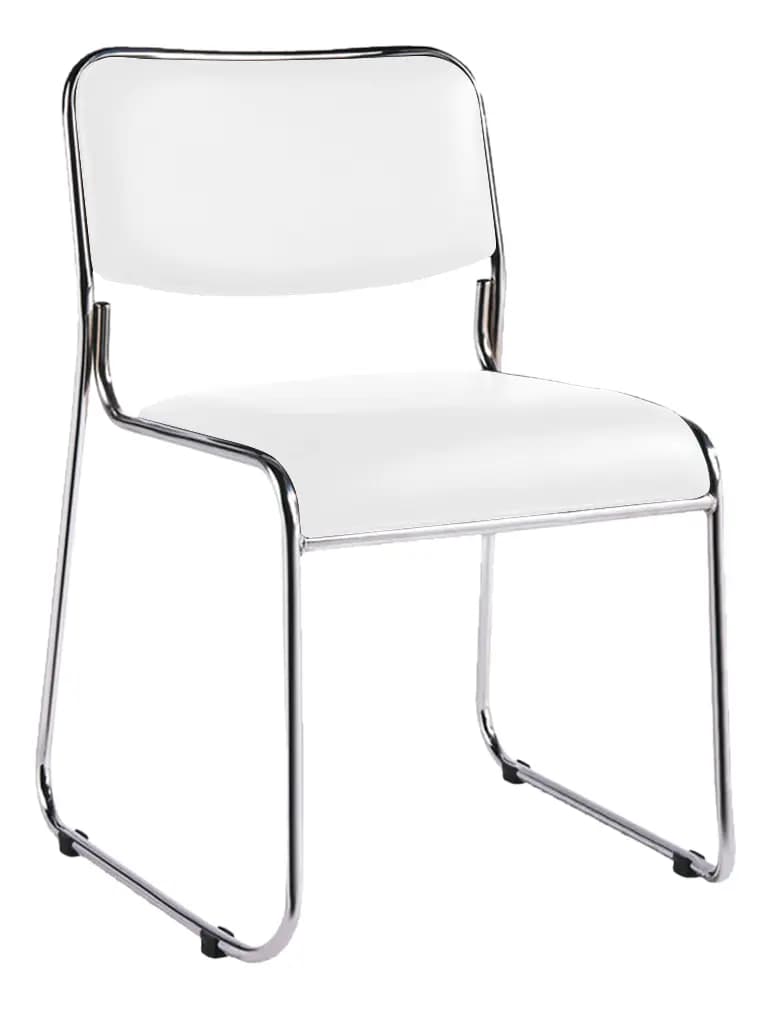 A modern armless chair featuring a bright white padded seat and backrest, supported by a continuous tubular chrome frame that forms a sled base. — 3D model