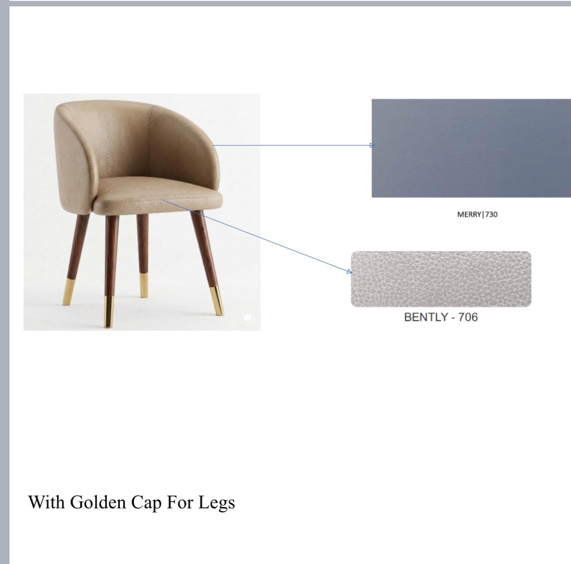 A contemporary upholstered dining chair featuring a curved, barrel-style backrest with integrated armrests, a cushioned seat, and four tapered wooden legs adorned with polished brass caps. — 3D model