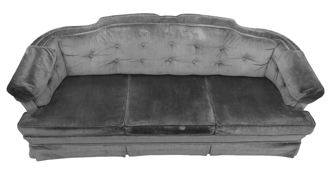 A vintage three-cushion sofa with a tufted backrest and upholstered arms. The sofa has a curved silhouette and is covered in a plush fabric that appears to be velvet or a similar material. The base of the sofa is skirted. — 3D model