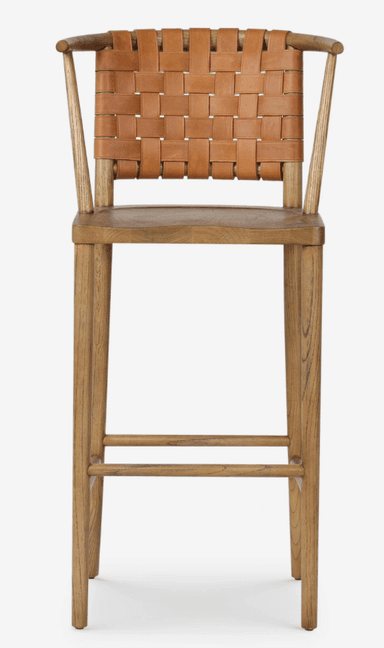 A bar stool with a wooden frame and a woven leather backrest and seat. The frame consists of four legs connected by stretchers, a wooden seat, and a curved backrest with armrests. The backrest is constructed from horizontally and vertically woven leather straps. — 3D model