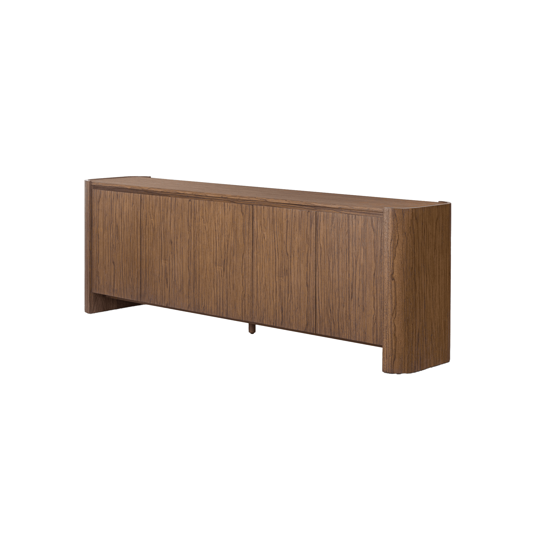 A long, low sideboard with a wood veneer finish. It features six cabinet doors with vertical grain patterns and a sleek, modern design. The sideboard is supported by two angled legs at the front and a solid base at the back, creating a floating appearance. — 3D model