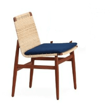 A minimalist dining chair featuring a warm-toned wooden frame, likely teak, with a tightly woven paper cord seat and backrest. A removable navy blue fabric cushion provides additional comfort on the seat. The chair exhibits clean lines and tapered legs characteristic of Mid-Century Modern design. — 3D model