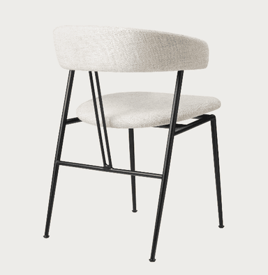 A contemporary dining chair featuring a light-colored upholstered seat and a curved backrest, supported by a slender black metal frame. — 3D model