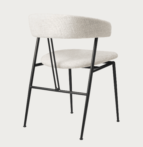 A contemporary dining chair featuring a light-colored upholstered seat and a curved backrest, supported by a slender black metal frame. — 3D model