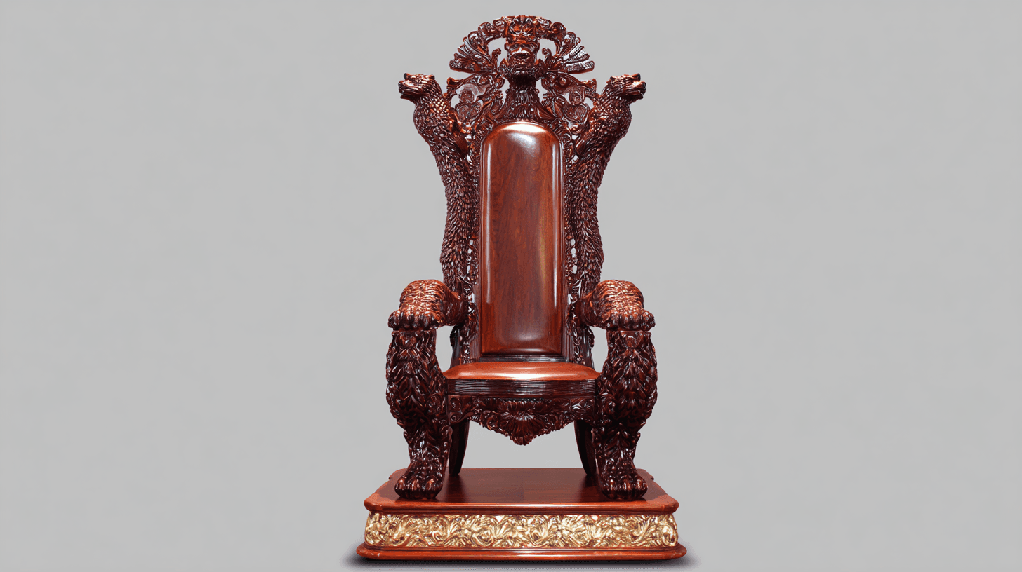 A highly ornate, dark red wooden chair with extensive carvings. The chair features a high backrest with intricate dragon motifs and what appear to be animalistic armrests resembling lions' paws. The seat and back are smooth, polished wood, contrasting with the textured carvings. It rests on a decorative, tiered base with golden embellishments. — 3D model