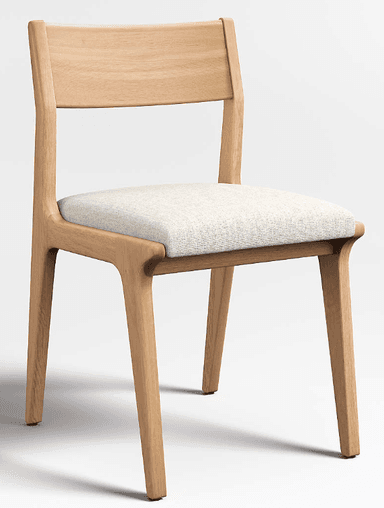 This is a modern dining chair crafted from light-colored wood, likely oak or ash, featuring a minimalist design. The chair has a gently curved backrest that is integrated into the frame and a square, upholstered seat in a light beige or off-white fabric. The legs are straight and slightly tapered, extending from the seat frame. The overall aesthetic is clean and contemporary. — 3D model