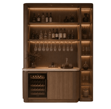 A modern, tall home bar cabinet made of fluted dark wood, featuring an integrated wine cooler, multiple display shelves with LED lighting, and a light-colored countertop for beverage preparation. — 3D model