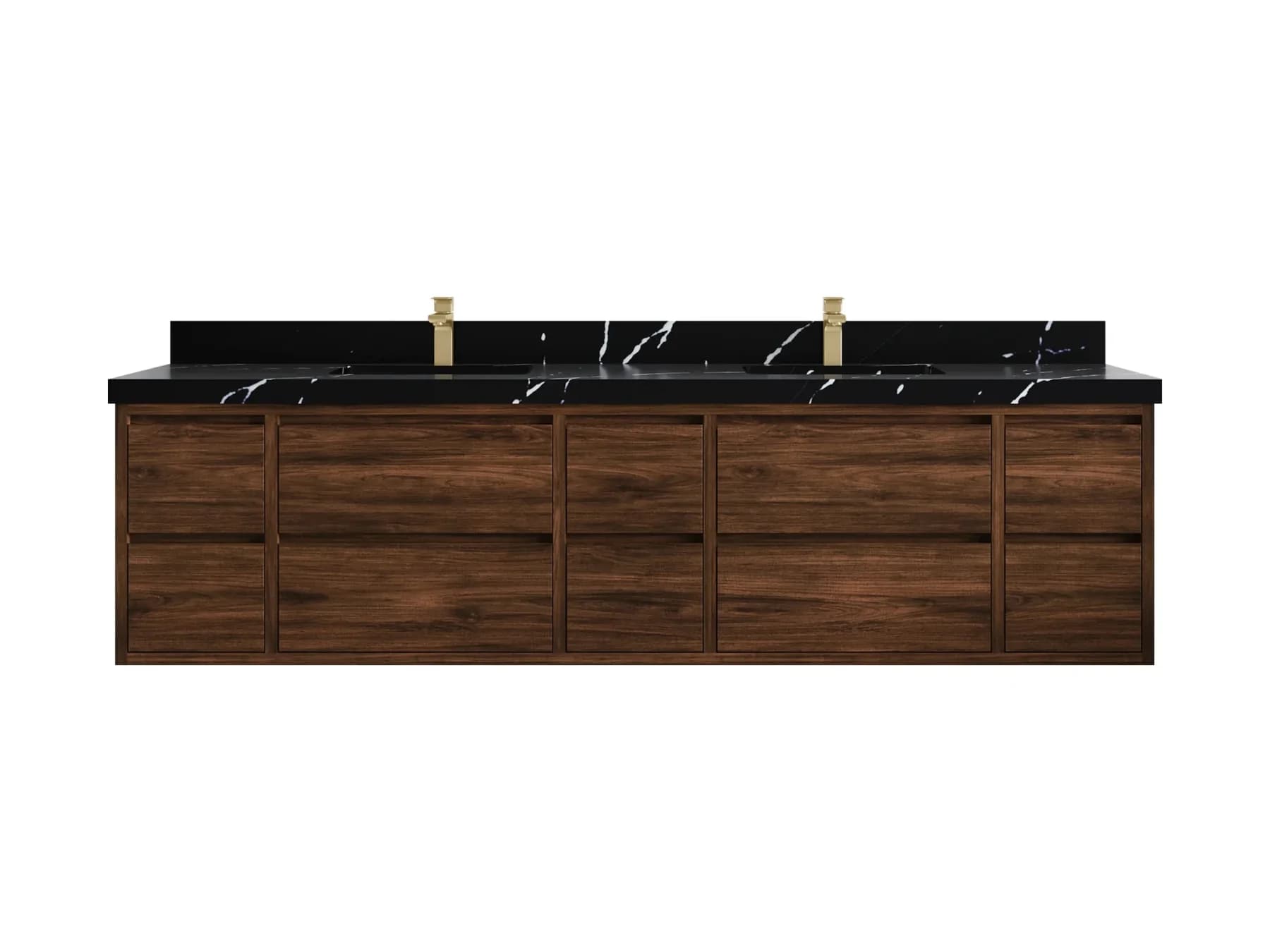 A contemporary double bathroom vanity unit featuring a dark walnut-finished cabinet base and a striking black marble countertop with prominent white veining. The unit includes two integrated rectangular sinks and is accessorized with two tall, gold-toned single-handle faucets. The cabinet design incorporates a combination of drawers and doors, providing ample storage. — 3D model