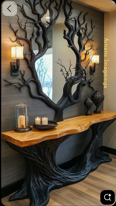 A sculptural vanity featuring a live-edge wooden top, supported by a dark, gnarled tree root-like base, and an integrated mirror framed by intricate, dark tree branches. — 3D model