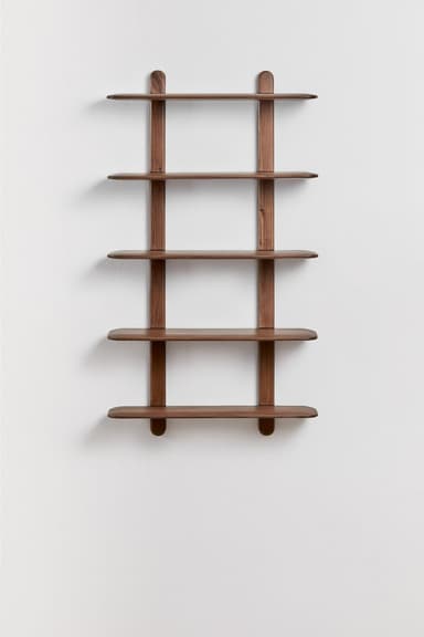 A minimalist wall-mounted shelving unit featuring five thin, horizontally oriented shelves, supported by two vertical wooden struts. The shelves and supports are crafted from dark, warm-toned wood, likely walnut, and exhibit smoothly rounded edges and ends, contributing to a soft and contemporary aesthetic. The unit is designed to be fixed to a wall, appearing to float with an open-back structure. — 3D model