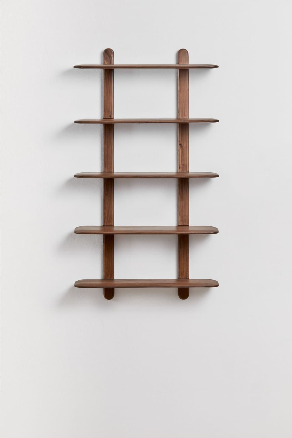 A minimalist wall-mounted shelving unit featuring five thin, horizontally oriented shelves, supported by two vertical wooden struts. The shelves and supports are crafted from dark, warm-toned wood, likely walnut, and exhibit smoothly rounded edges and ends, contributing to a soft and contemporary aesthetic. The unit is designed to be fixed to a wall, appearing to float with an open-back structure. — 3D model