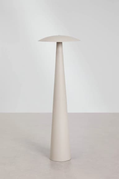 A modern floor lamp featuring a slender, conical base that tapers upwards, topped with a flat, disc-shaped shade. The entire lamp is finished in a uniform light gray or off-white matte color, presenting a minimalist and sculptural aesthetic. The design suggests indirect or downward-facing illumination. — 3D model