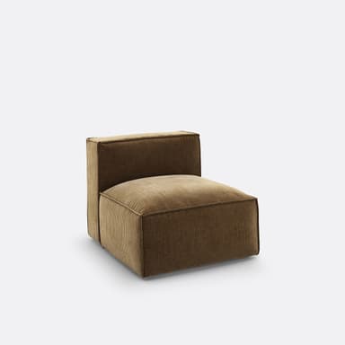A single-seat armchair with a low profile and upholstered in a brown, corduroy-like fabric. It features a square seat and a straight, upright backrest. The design is minimalist and contemporary, with clean lines and soft cushioning. — 3D model