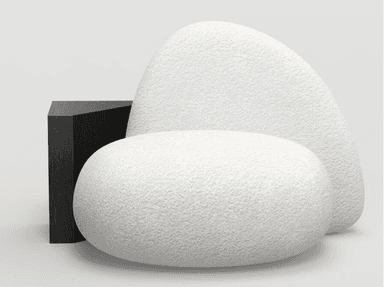 An organic-shaped ottoman with a textured white upholstery, juxtaposed against a dark, angular base. The forms suggest a modern, sculptural design. — 3D model