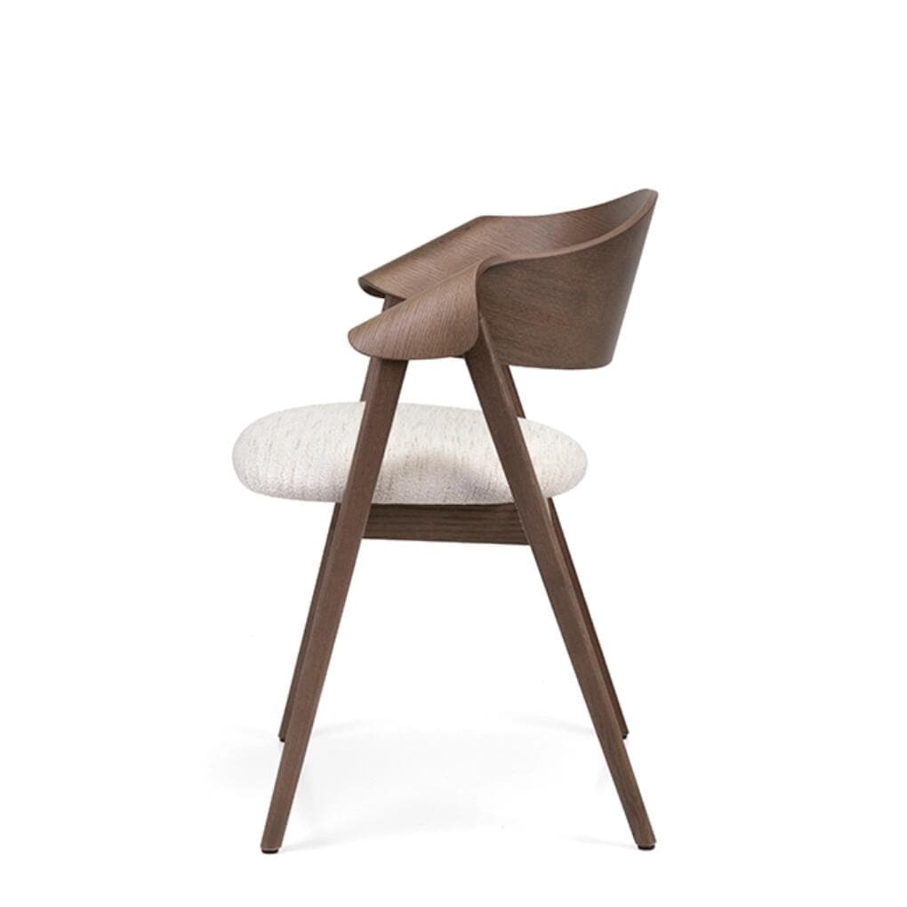 A modern armchair featuring a dark stained wooden frame, a distinctive curved backrest that integrates into armrests, and a light-colored upholstered seat. — 3D model