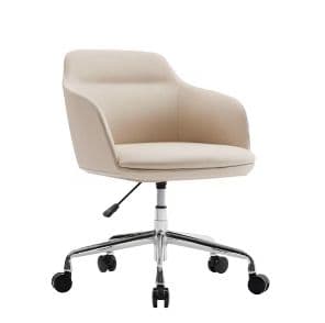 A contemporary upholstered office chair with a swivel mechanism and rolling casters. The chair features a curved backrest and integrated armrests, all covered in a smooth, light beige fabric. It sits on a polished chrome five-star base with black caster wheels and includes a height adjustment lever. — 3D model