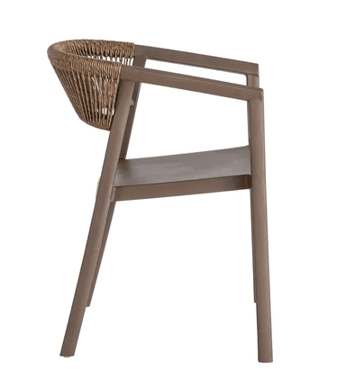 A modern armchair with a durable synthetic frame and a woven backrest. The seat is a solid molded piece. The chair has four legs and armrests. — 3D model