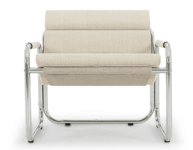 A low-profile armchair with a tubular chrome-plated steel frame. The seat and backrest are upholstered with a textured, light beige fabric, featuring a segmented design for comfort. The armrests are also upholstered with the same fabric, integrated into the frame. — 3D model