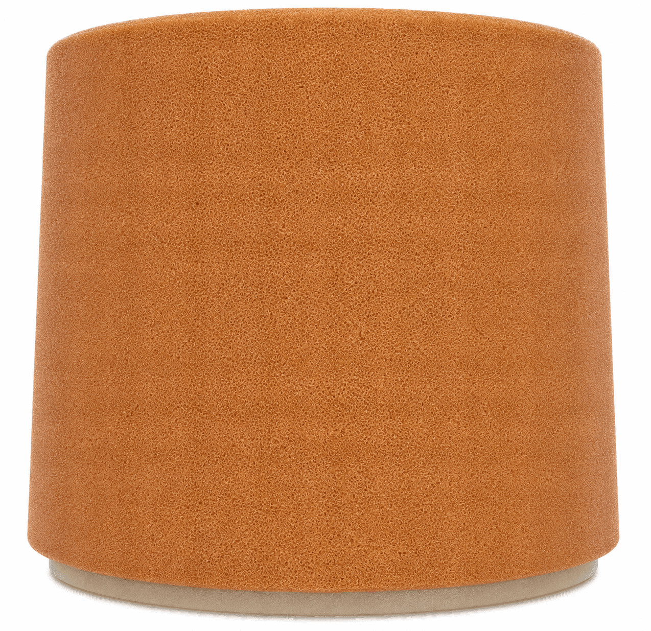A cylindrical ottoman or stool covered in a textured, coarse orange foam material, featuring a simple form and a subtle recessed base. — 3D model